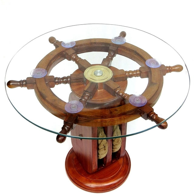NauticalMart Table Roue de Navire 24 Pouces Table Basse en Verre Décorative Pirate Nautique