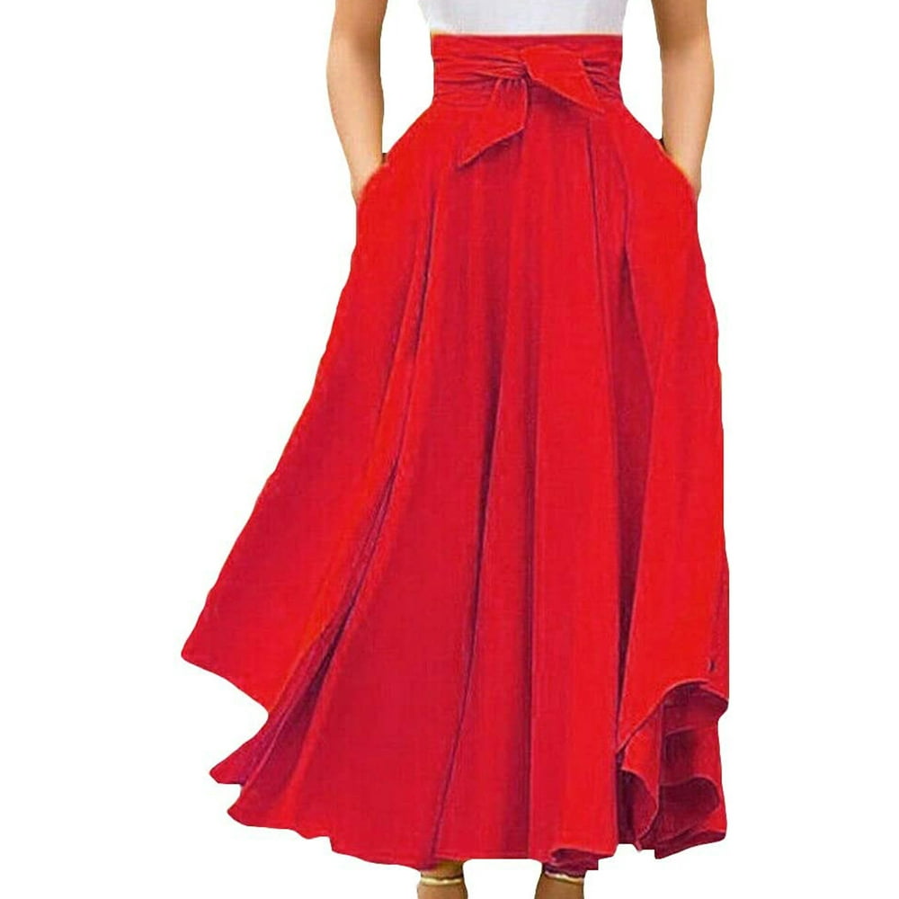 Lookwoild Lookwoild Women High Waist Flared Pleated Long Dress Maxi Skirt Flare Skirt