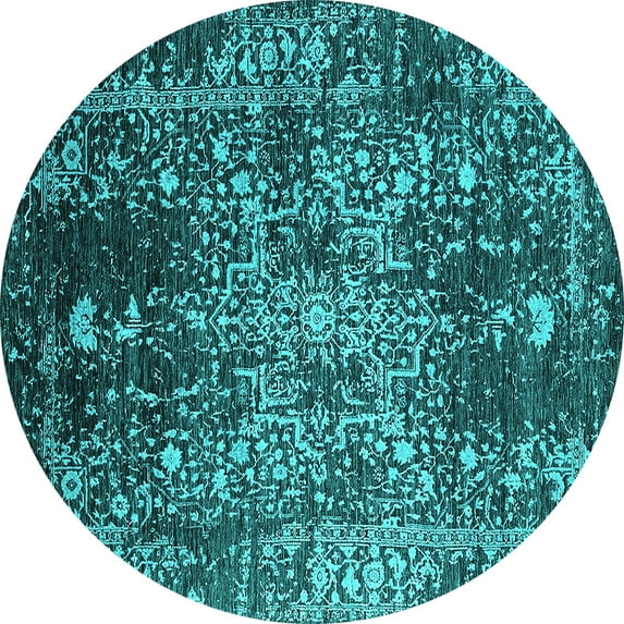 Ahgly Company Machine Washable Indoor Round Oriental Turquoise Blue Industrial Area Rugs, 4' Round
