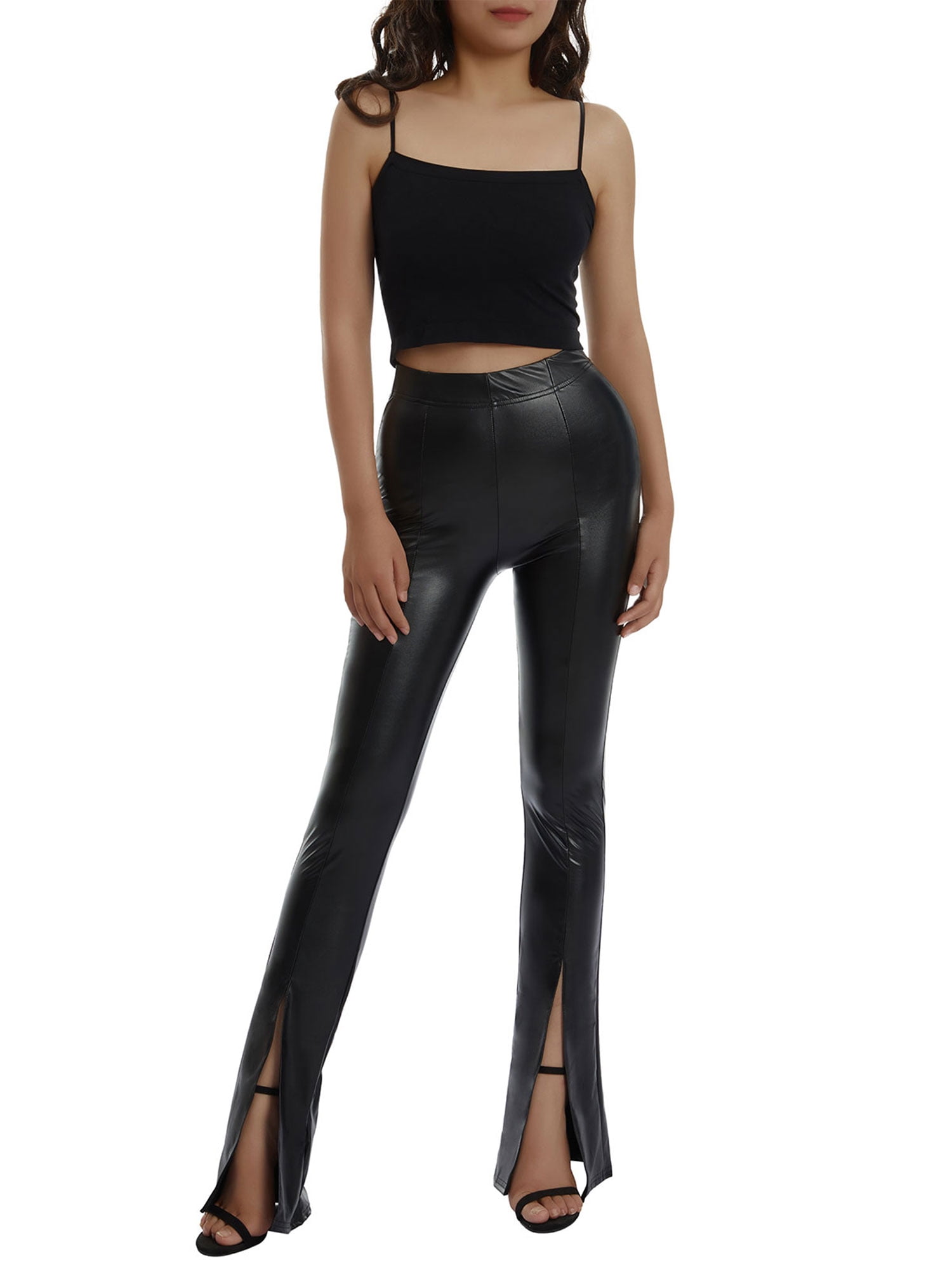 Womens Metallic Shiny Stretch Leggings Elastic High Waist Skinny Leather PU  Pants Trousers Clubwear for Women 