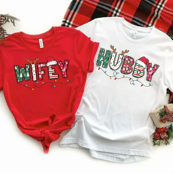 Christmas Wife and Husband T-shirt, Family Christmas Matching Tee, Wifey Hubby