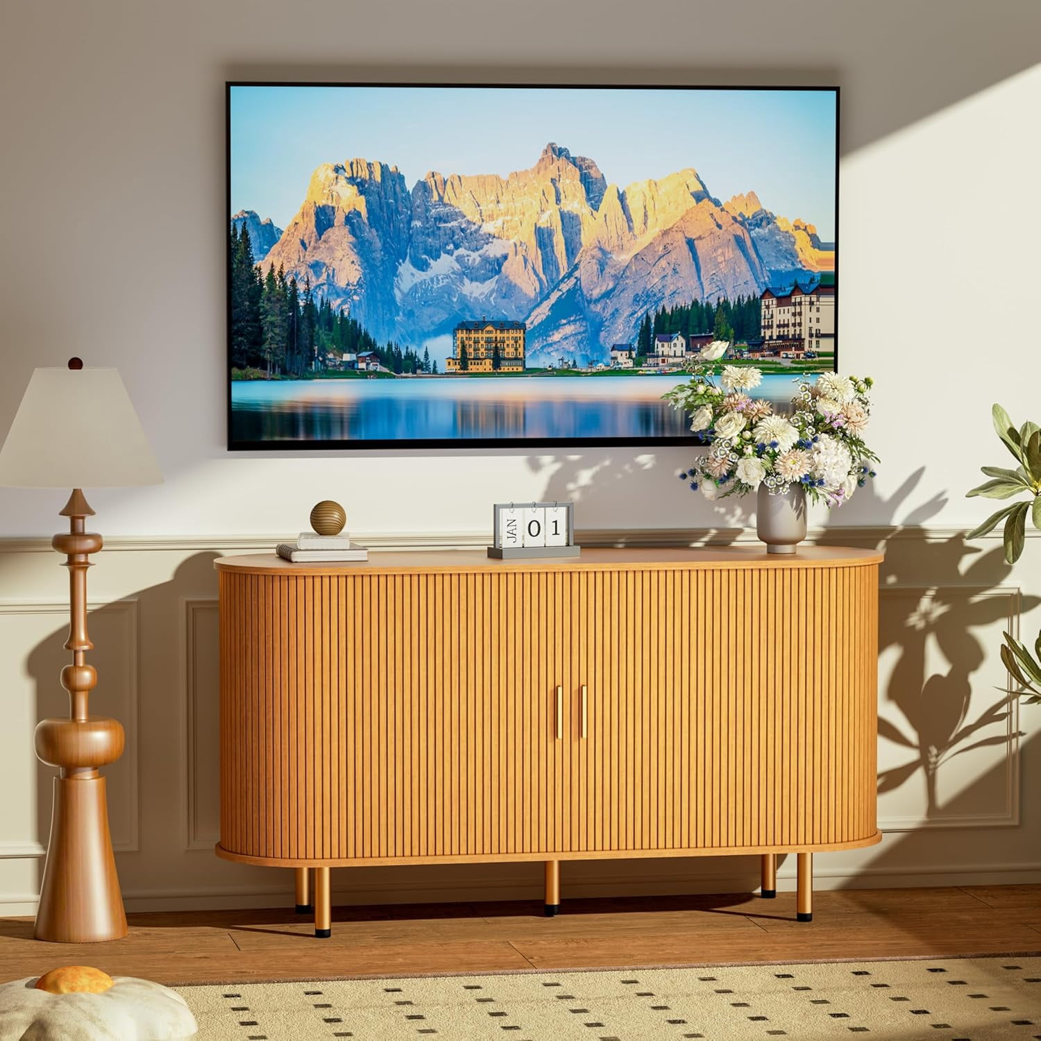 TiramisuBest Sideboard Buffet Cabinet with Storage, 55" Storage Cabinet with Fluted Tambour Sliding Doors & Adjustable Shelf for Entryway, Kitchen, Home Bar (Yellow Walnut)
