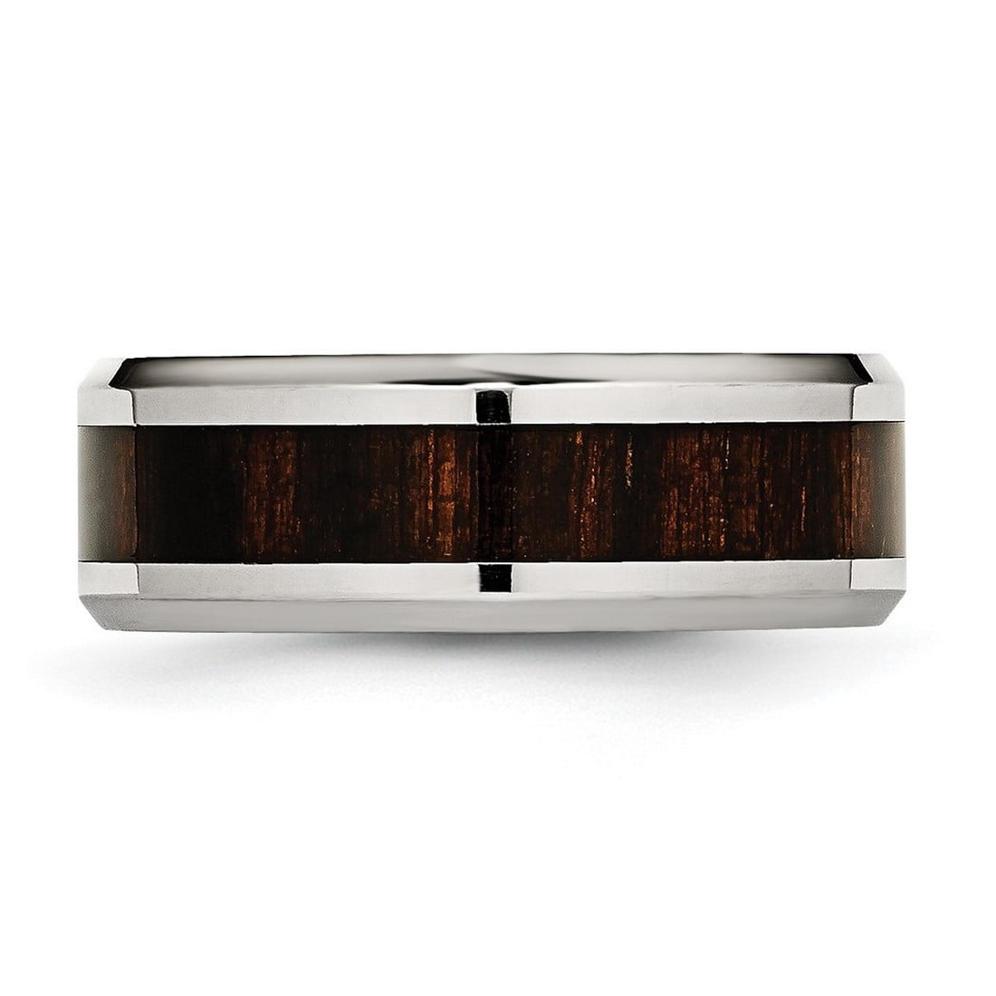 Stainless Steel Polished Black Wood Inlay Enameled 7.80mm Ring Size 8 Ring for Women