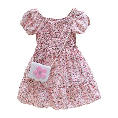 

Summer Ruffle Puff Sleeve Girls Dress Fashion Cute Floral Print Princess Dress With Satchel Bag Kids Party Dresses