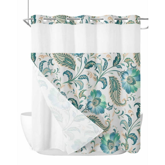 No Hook Cloth Fabric Shower Curtain with Snap in Liner, Teal Paisley Floral Waterproof Shower Curtains Set with See Through Top Window, Boho Ethnic Tribe Traditional Bath Curtains Shower 72"x78"