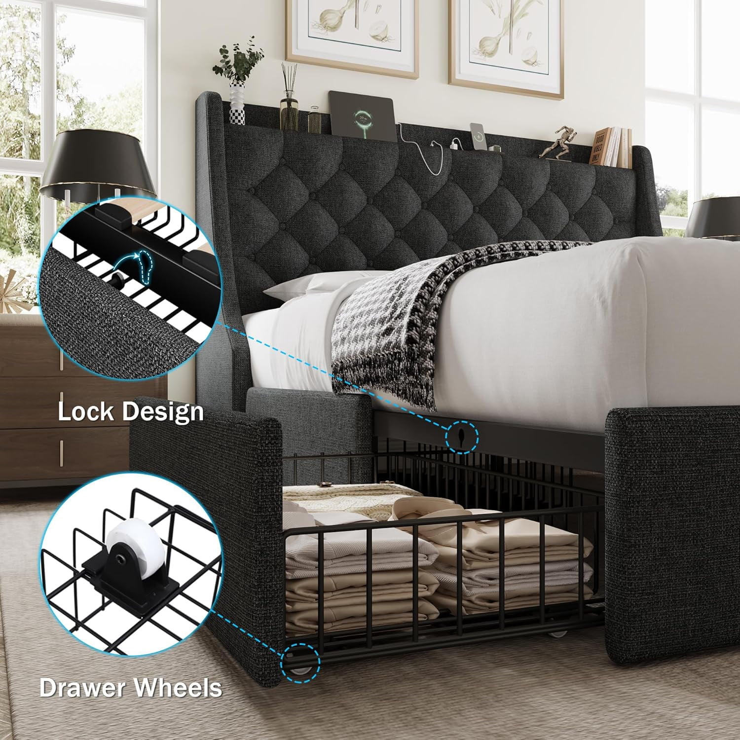 Galnfu Queen Bed Frame with 4 Storage Drawers, Giant Upholstered Wingback Headboard, Fast Charging Station, No Box Spring Needed, Noise-Free,Dark Gray