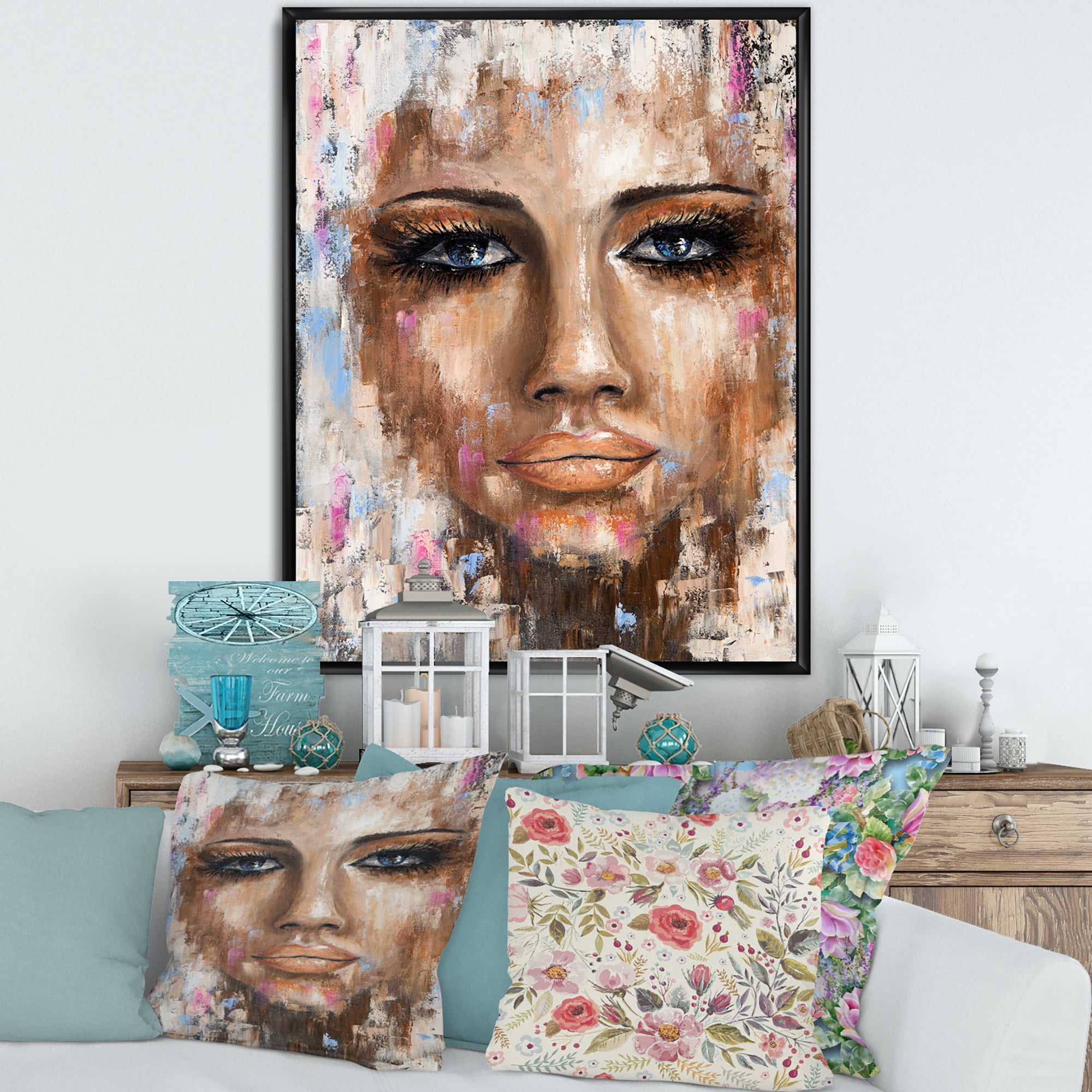 Designart 'Abstract Portrait Of A Young Woman With Blue Eyes I' Modern Framed Canvas Wall Art Print