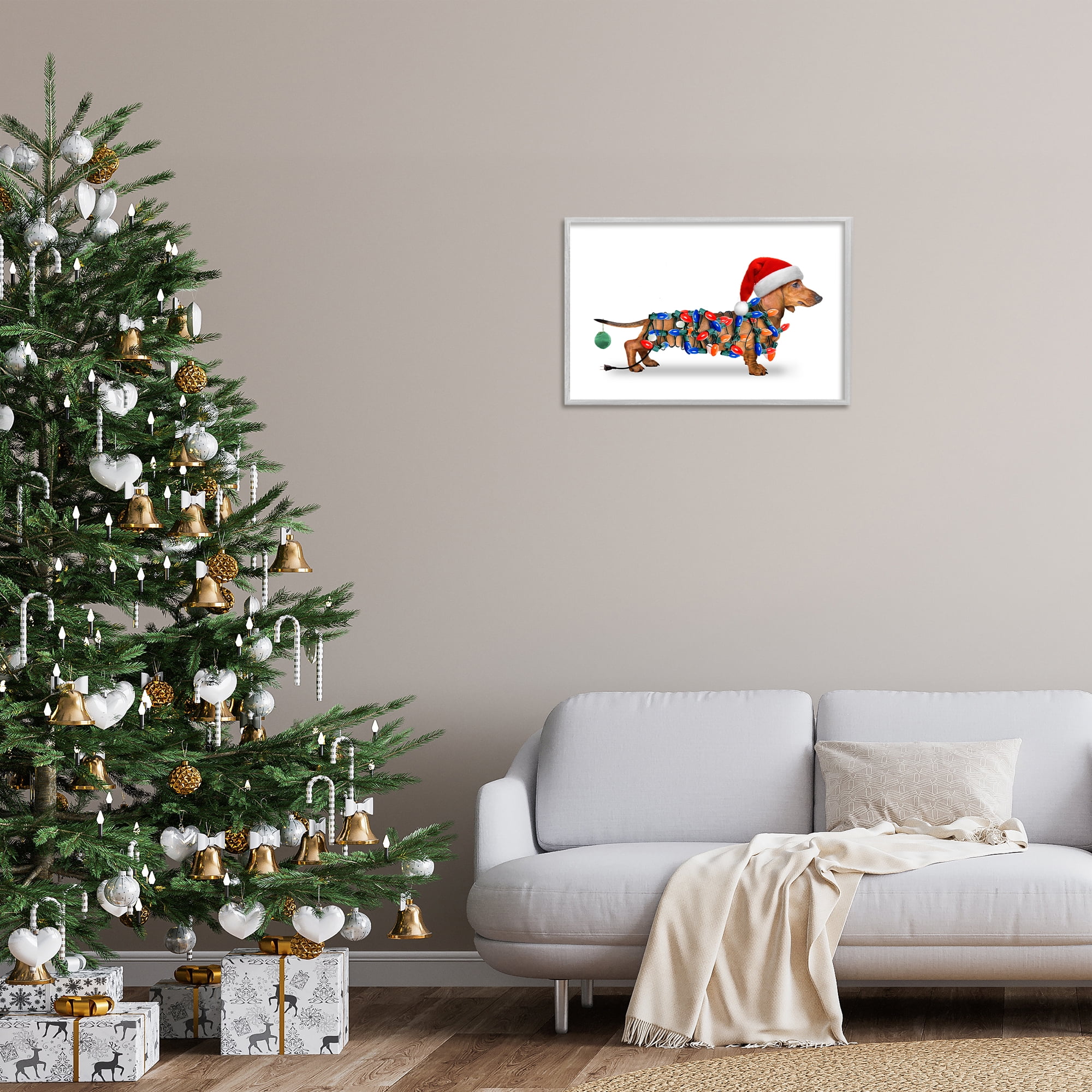 Stupell Industries Christmas Lights Wrapped Dog Holiday Painting Gray Framed Art Prints Wall Art, 24 x 16