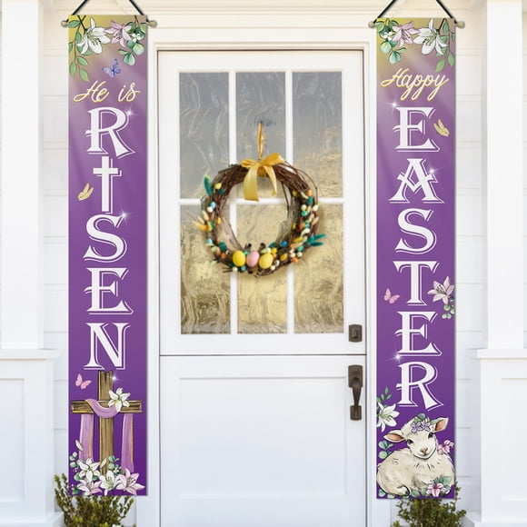 Bolisom Happy Easter He is Risen Purple Porch Banner Sign Religious Cross Lamb Front Door Decorative Hanging Welcome Banner Flag Lily Flower Eucalyptus Leaves Butterfly Decoration Home Outdoor Decor