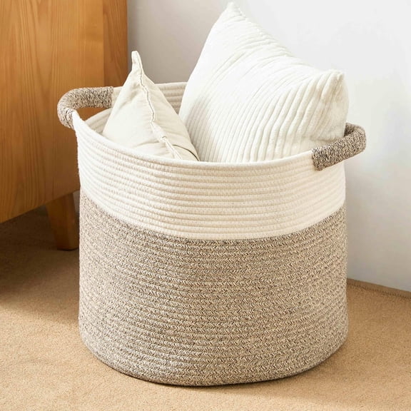 Blanket Basket - Woven Round Rope Storage Basket for Blankets & Throws, Laundry & Toy Organizer, Decorative Living Room & Bedroom Cotton Basket - White & Brown