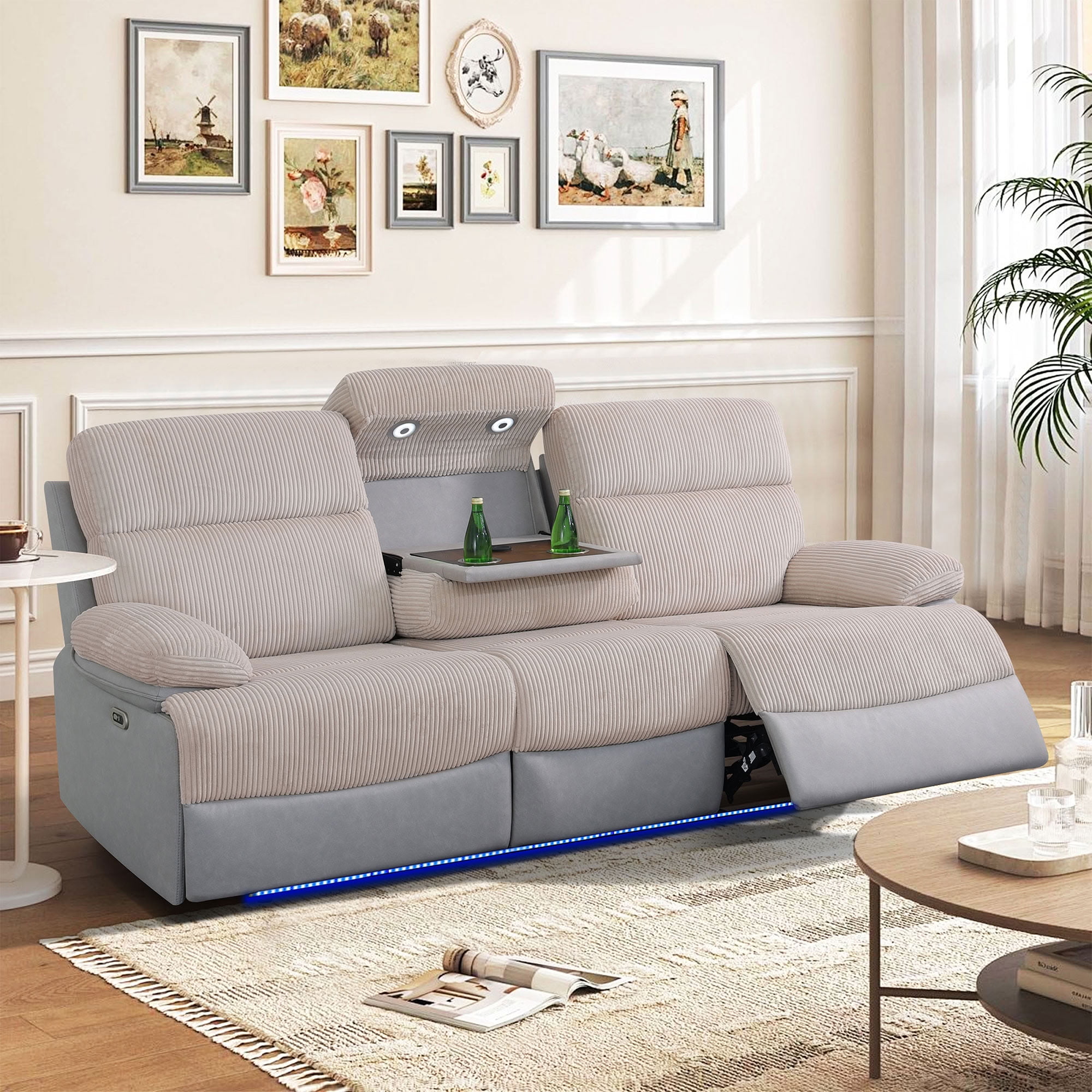 MAYEERTY Intelligent 3-Seater Recliner Sofa, Wear-Resistant Fabric with Wireless Charging & LED for Family Living Rooms