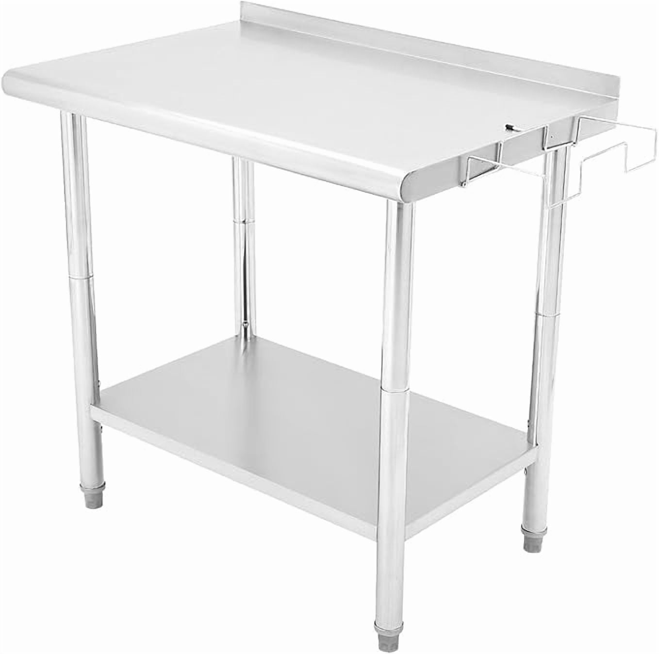 Tuekys Stainless Steel Table with Hooks,Metal Prep Table with Backsplash & Adjustable Undershelf,Curved Edge,Heavy Duty Food Prep Worktable for Home