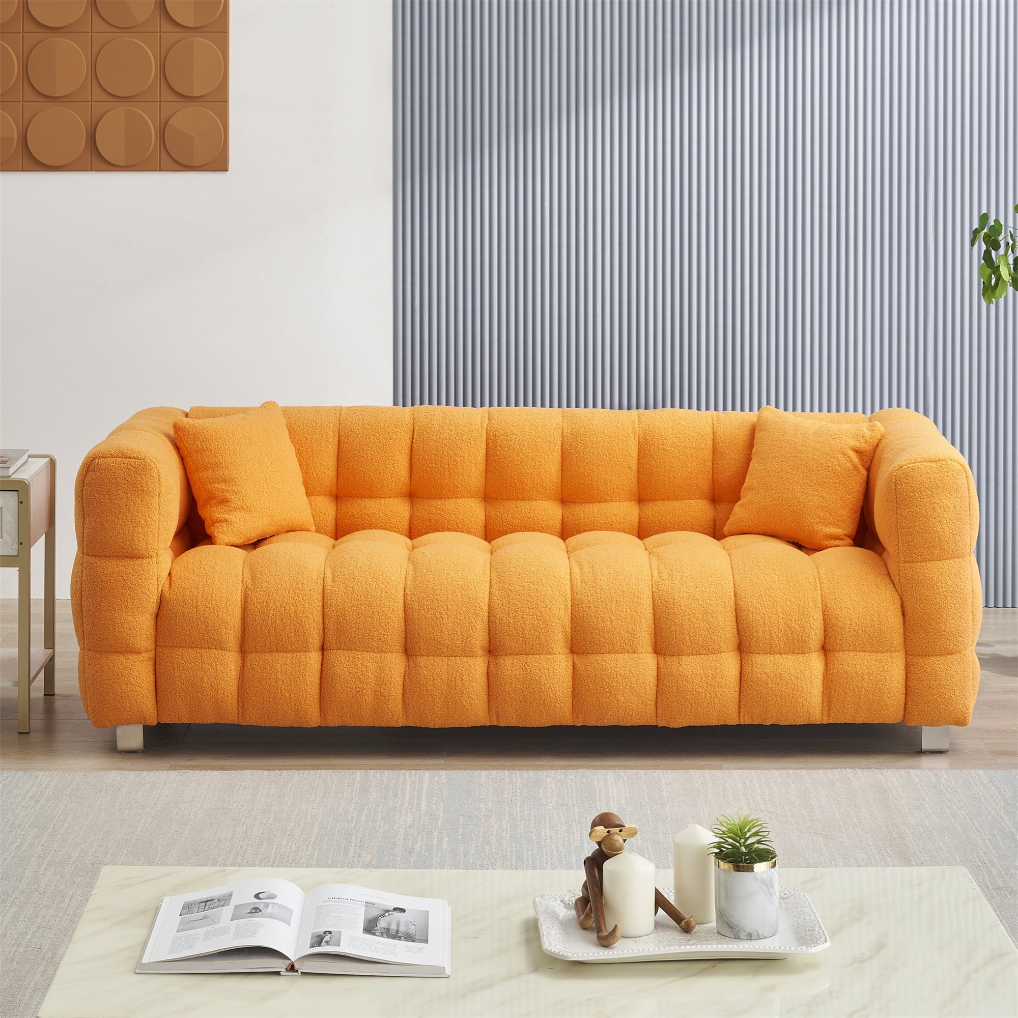 Aukfa 80" Modern Comfy Sofa, Deep Tufted Couch for Living Room, 2 Pillows, Teddy Fleece Orange