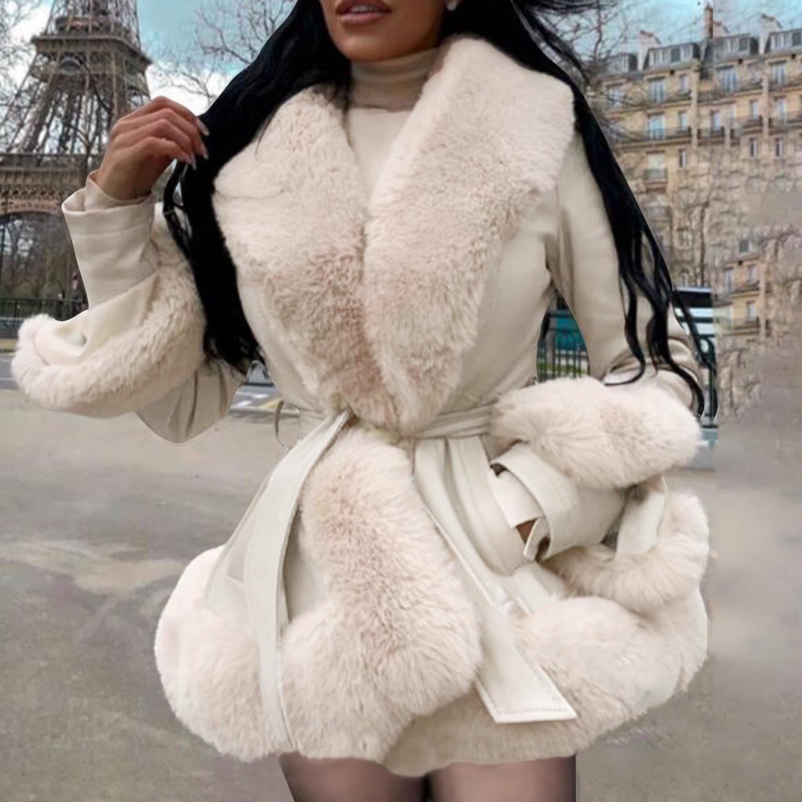 ZQUUVOU Women's Faux Leather Jacket with Faux Fur Collar Fall Winter Trendy Long Sleeve Furry Trim Parka Coat with Belt Beige