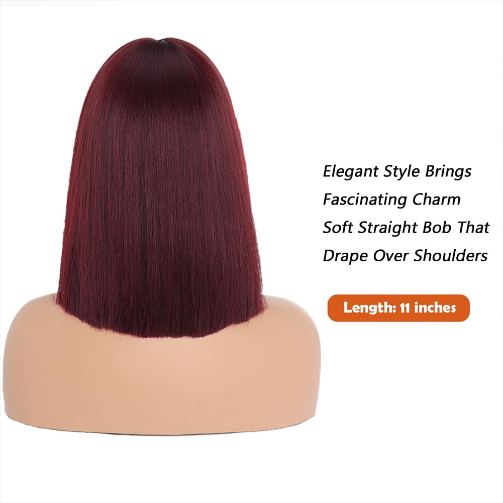 SUCS Short Burgundy Bob Wigs with Bangs,Short Straight Bob Wine Red Wigs for Women Hair Bob Cut Wig Shoulder Length Wig,Natural Looking Cosplay Daily Party Wig