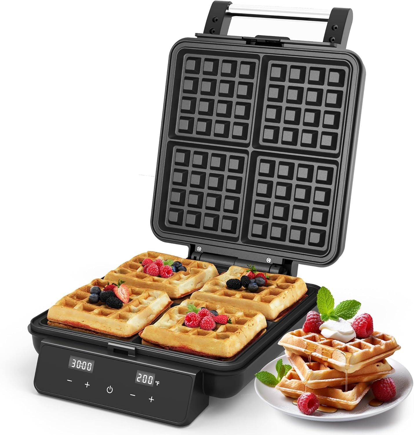 Waffle Maker 4 Slices with Quick Heat-,  & Temperature Control, LCD Display, Nonstick Surface, Stainless Steel, Perfect for Kids and Families