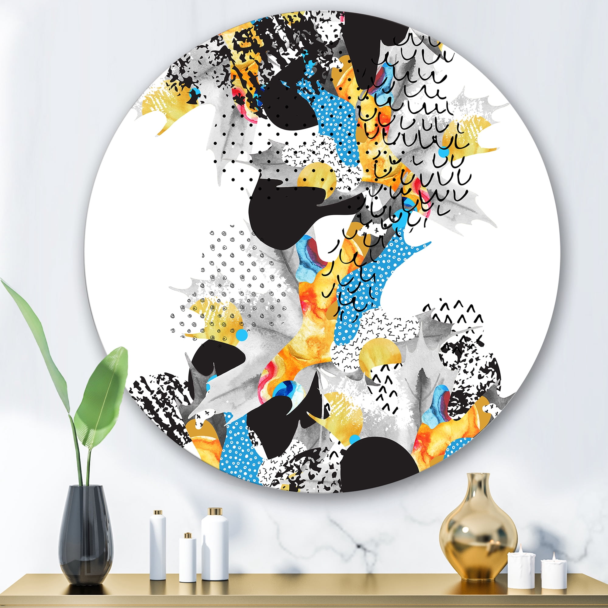 Designart 'Fluid Shapes In Bauhaus Memphis Style Minimal' Modern Circle Metal Wall Art 29x29 - Disc of 29