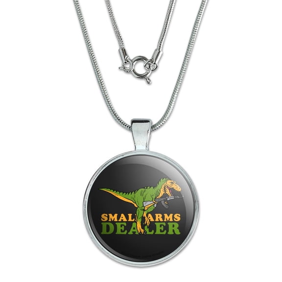 Small Arms Dealer Weapons Dinosaur T-Rex Funny Humor 1" Pendant with Sterling Silver Plated Chain