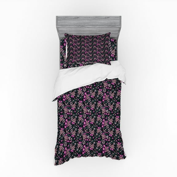 Flower Duvet Cover Set, Vibrant Blooms Leaves Violet Bluebells Berries Botanical Pattern, Bedding Set with Shams and Fitted Sheet, 3 Sizes, by Ambesonne