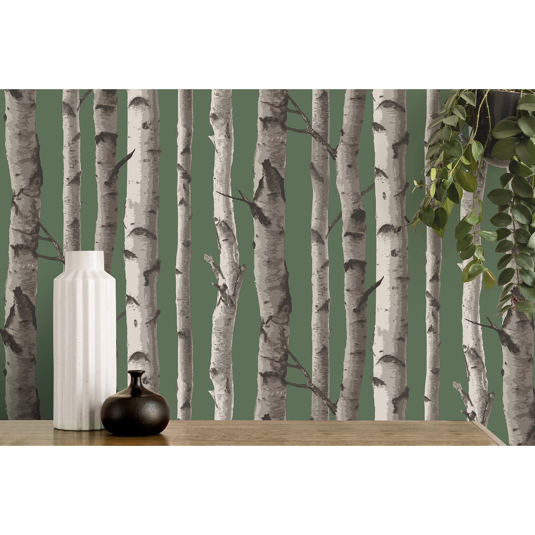 Fine Decor Chester Dark Green Birch Trees Wallpaper, 20.5-in by 33-ft