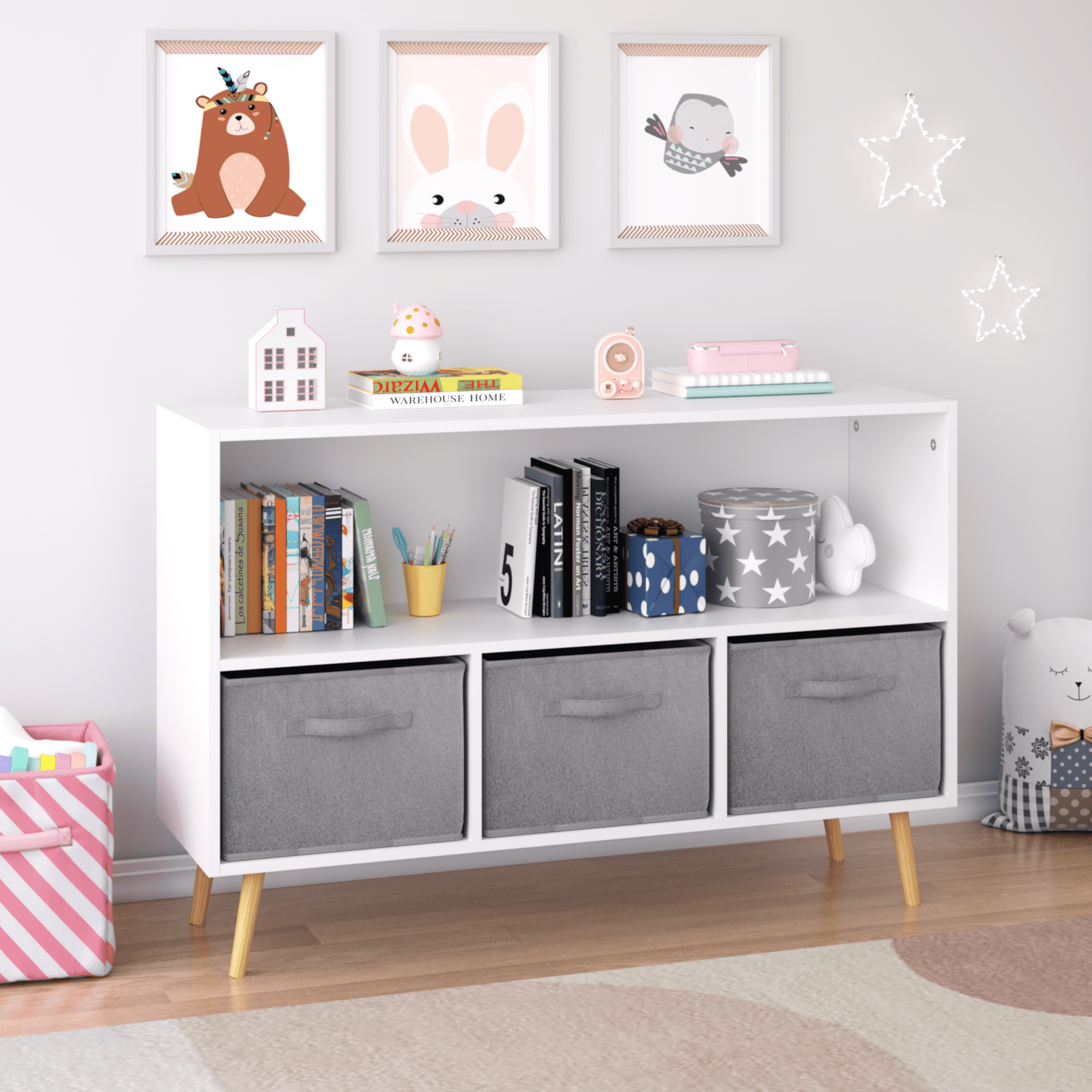 Kids bookcase with Collapsible Fabric Drawers, Children's Book Display, Toy Storage Cabinet Organizer, White/Gray