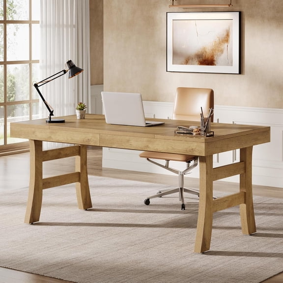 Finmind 63" Executive Desk, Wood Large Office Computer Desk for Home Office, Light Brown