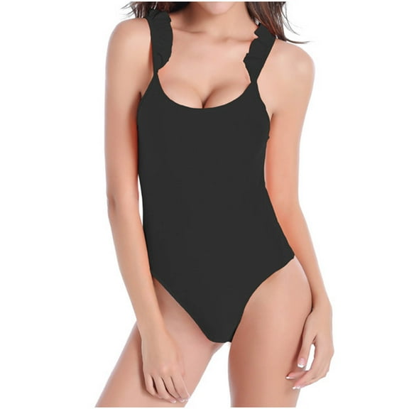 WREESH Women's Ruffled One Piece Swimsuit - Backless Ruched Tummy Control Bathing Suit Adjustable Swimwear Black
