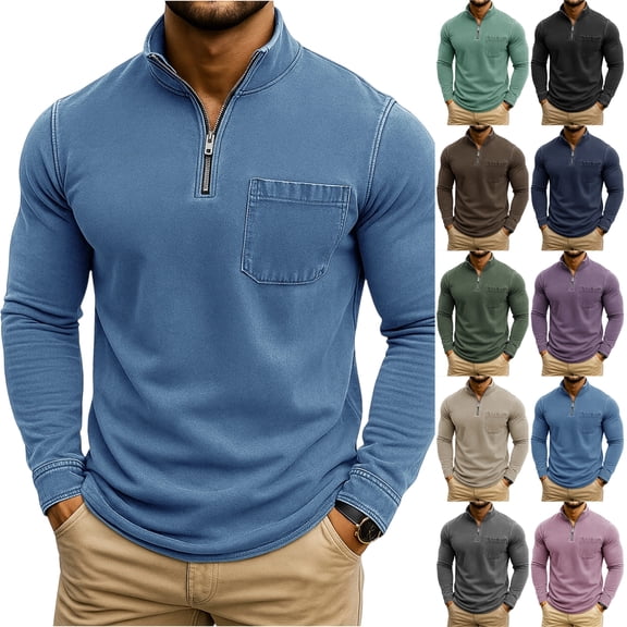 Men's Fashion Solid Color Retro Casual Washed Quarter Zipper Pocket Long Sleeve T-Shirt, Polo Style Top for Daily Wear, Casual Outings and Weekend Style,Black,L