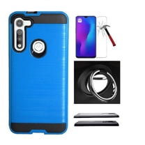 For Moto G Fast Case with Tempered Glass Screen Protector, Shock Resistant Slim brushed Texture Protective Cover with Ring / Kickstand for Motorola Moto G Fast (Blue)