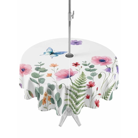 Outdoor Tablecloth with Umbrella Hole for Patio/Picnic/Party/Camping, Pink Poppy Farmhouse Waterproof Table Cloth Round Cover Washable, Spring Summer Botanical Butterflies (Dia 60")