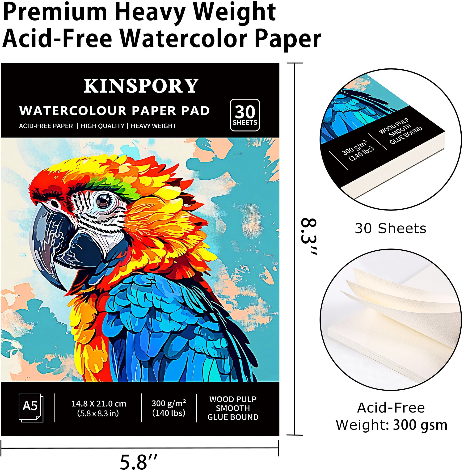 KINSPORY A5 Watercolor Paper Pad, 30 Sheets, 140lb/300gsm Artist Painting Paper, Sketchbook for Adults & Kids