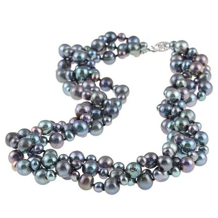 - Sterling Silver 4 -8 mm Black Freshwater Pearl 3-row Twisted Necklace 18