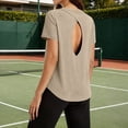 thumbnail image 4 of Inverlee Womens Open Back Athletic T-Shirts Short Sleeve Crewneck Workout Tops Breathable Moisture-Wicking Fabric Tees Gym Running Yoga Activewear Beige M, 4 of 9