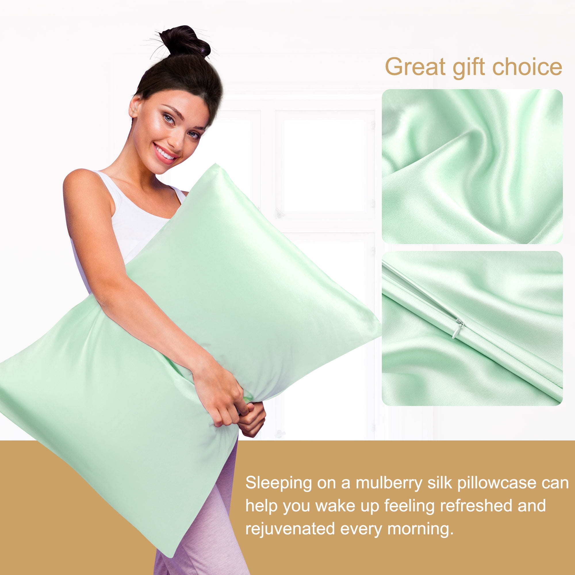 PiccoCasa 100% Silk Pillowcase 2 Piece Standard Size Pillowcases, Light Green