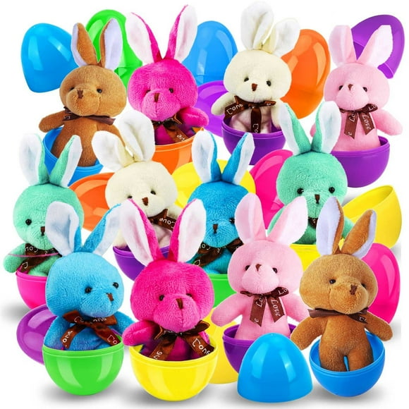 Aqestyerly Lot de 12 Oeufs de Pâques avec Surprise Lapin, Jouets en Plastique Remplis Cadeaux pour Enfants et Tout-Petits HWRETIE