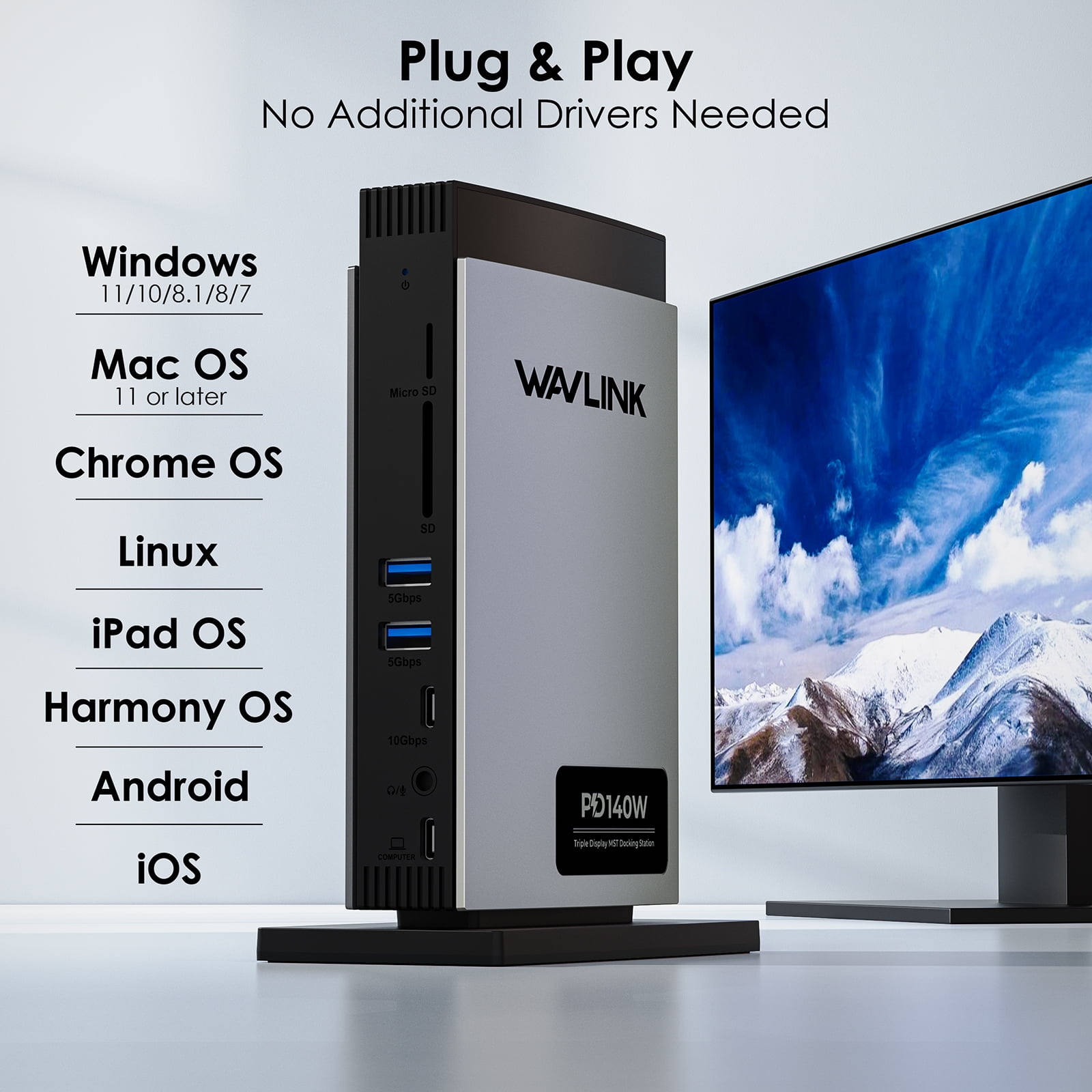 WAVLINK 8K Triple Display USB C Docking with 140W Power, Laptop Dock Station with Displayport*2 + HDMI, RJ45, 10G USB-C, USB 3.0*2, SD/TF Slot, Audio/Mic, for M1/M2/M3 MacOS & Windows