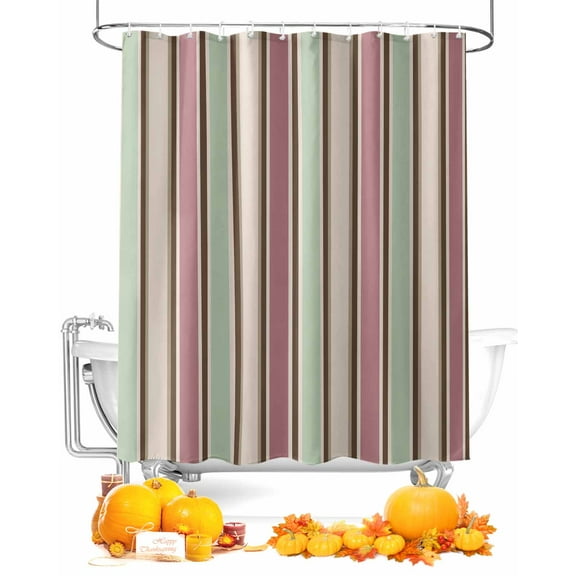 Fall Shower Curtain Green Pink Stripes Bathroom Curtains with Hooks, Waterproof Fabric Vertical Striped Thanksgiving Bath Shower Curtains Set for Bathroom Bathtubs Decor 36x72 Inch