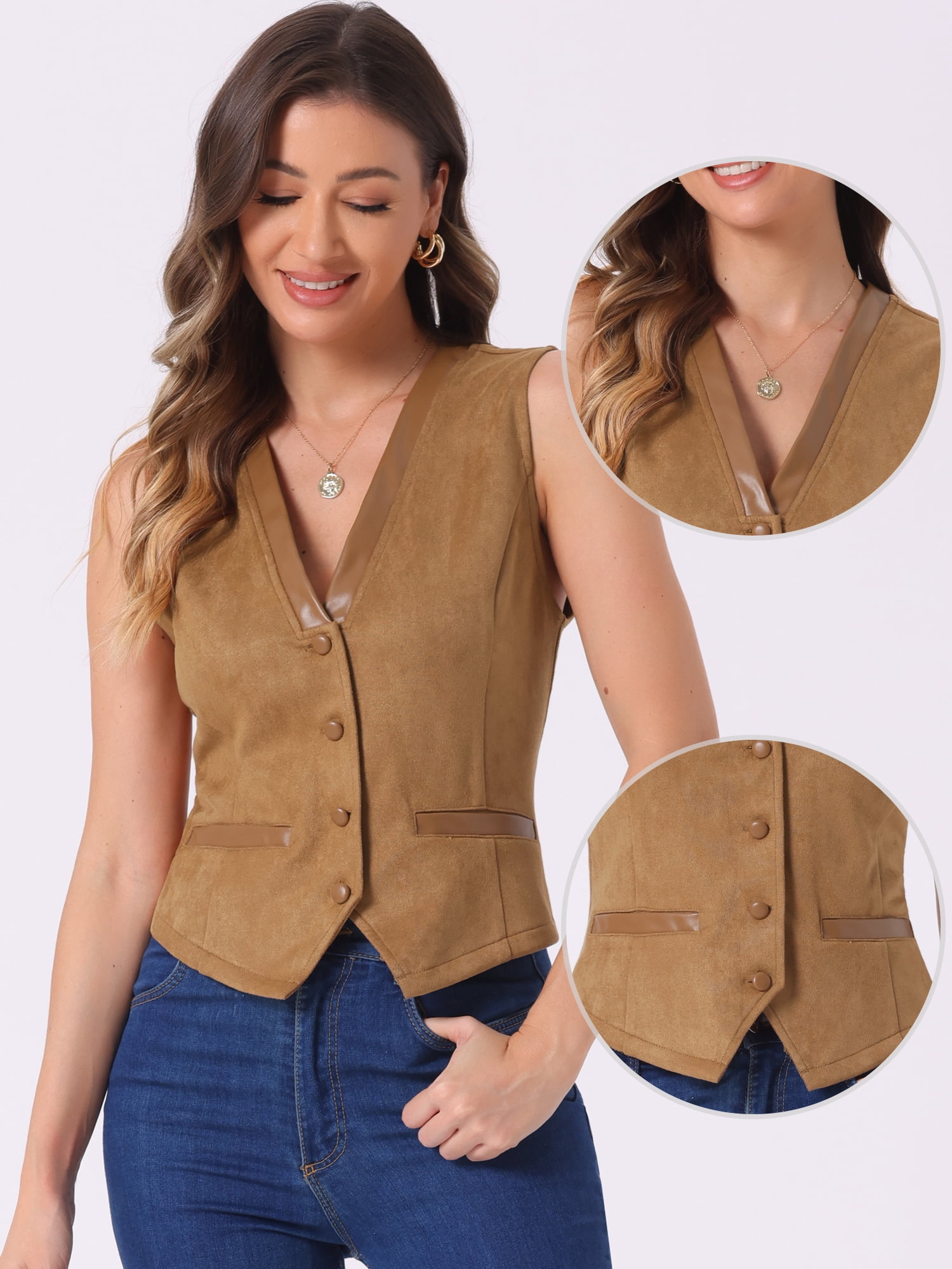 DARING DIVA Women's Vintage V Neck Faux Suede Button Down Sleeveless Jacket Vest L Light Brown