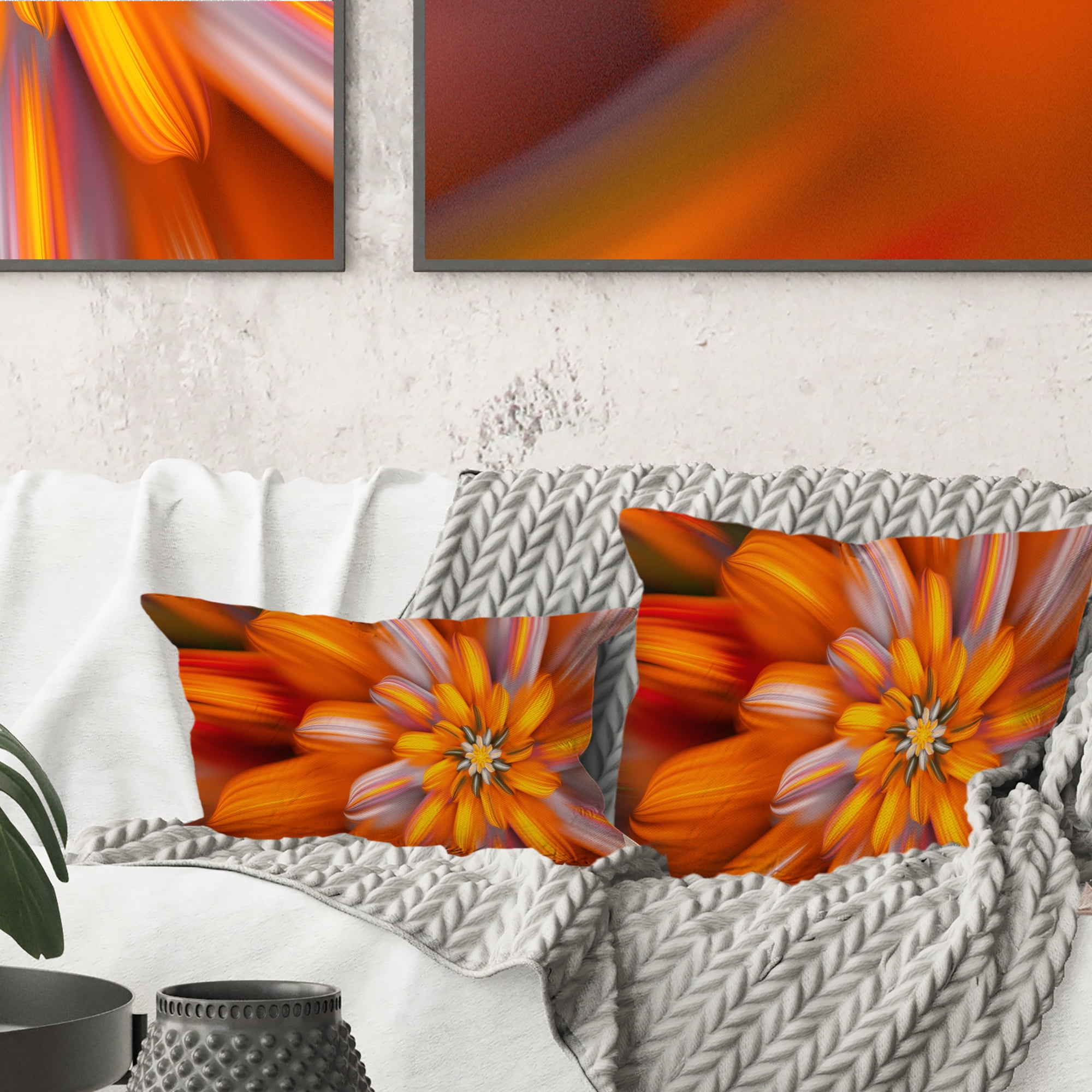 Designart Massive Orange Fractal Flower - Floral Throw Pillow - 18x18