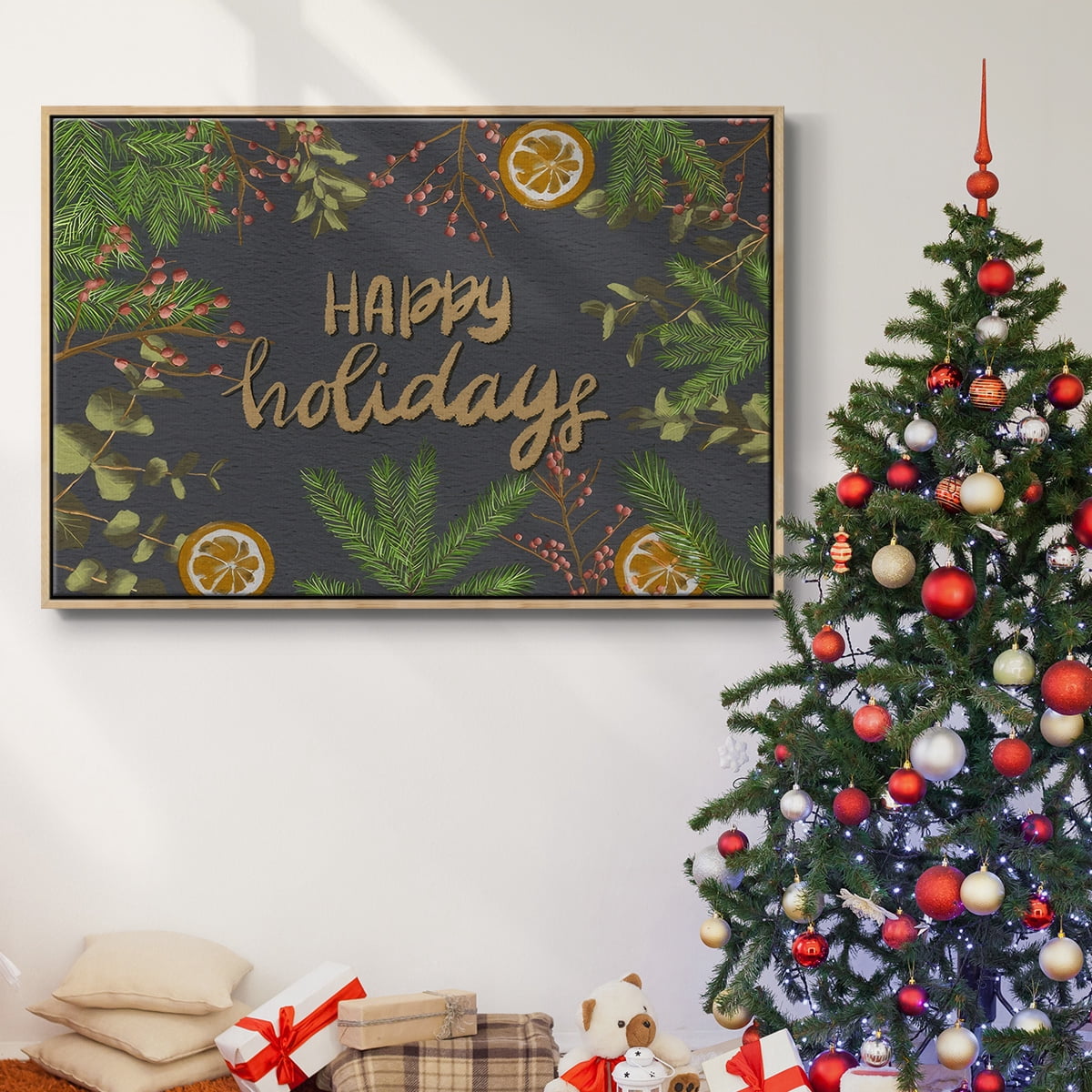 Holiday Sentiment II - Framed Gallery Wrapped Holiday Canvas - 17 x 25 - Natural Wood Frame