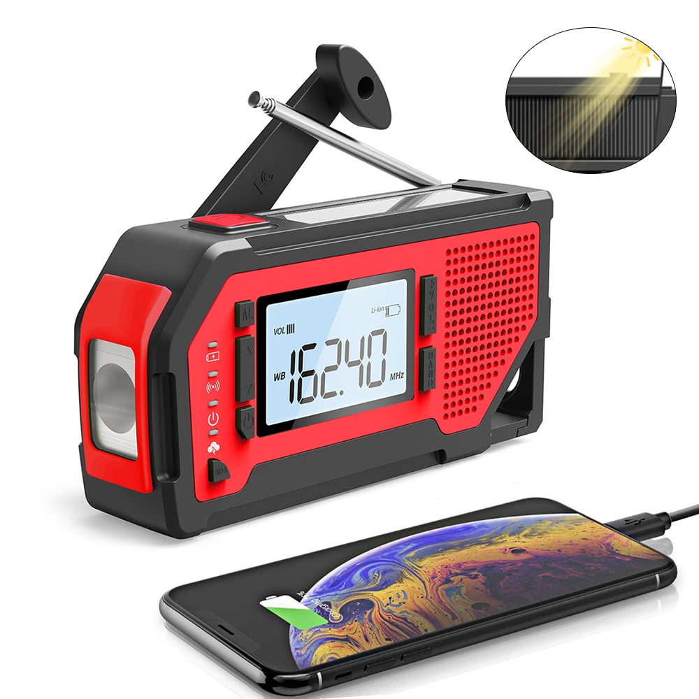 2000mAh Solar Crank Emergency Radio LED Flashlight TF MP3 Player Phone Charger 