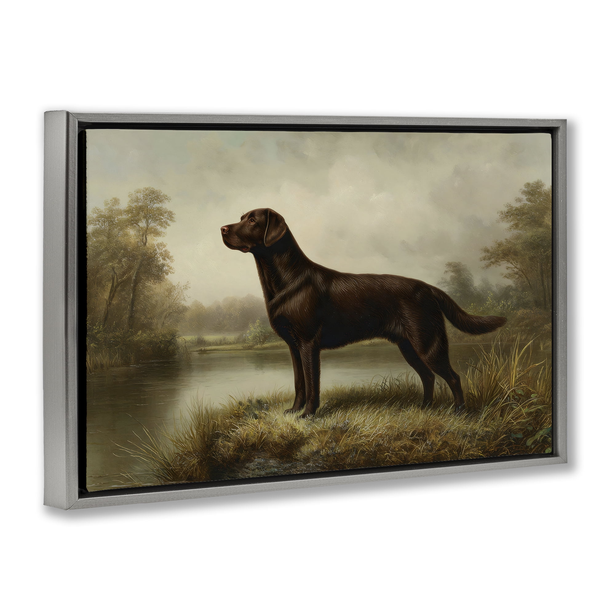 Stupell Industries On Alert Chocolate Lab Gray Framed Floater Canvas Wall Art, design by Petal Prints Design