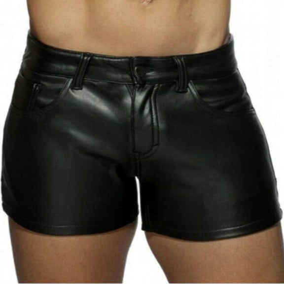 FRSASU Men's PU Leather Shorts Button Waist Rave Short with Pockets for Workout Club Party Black