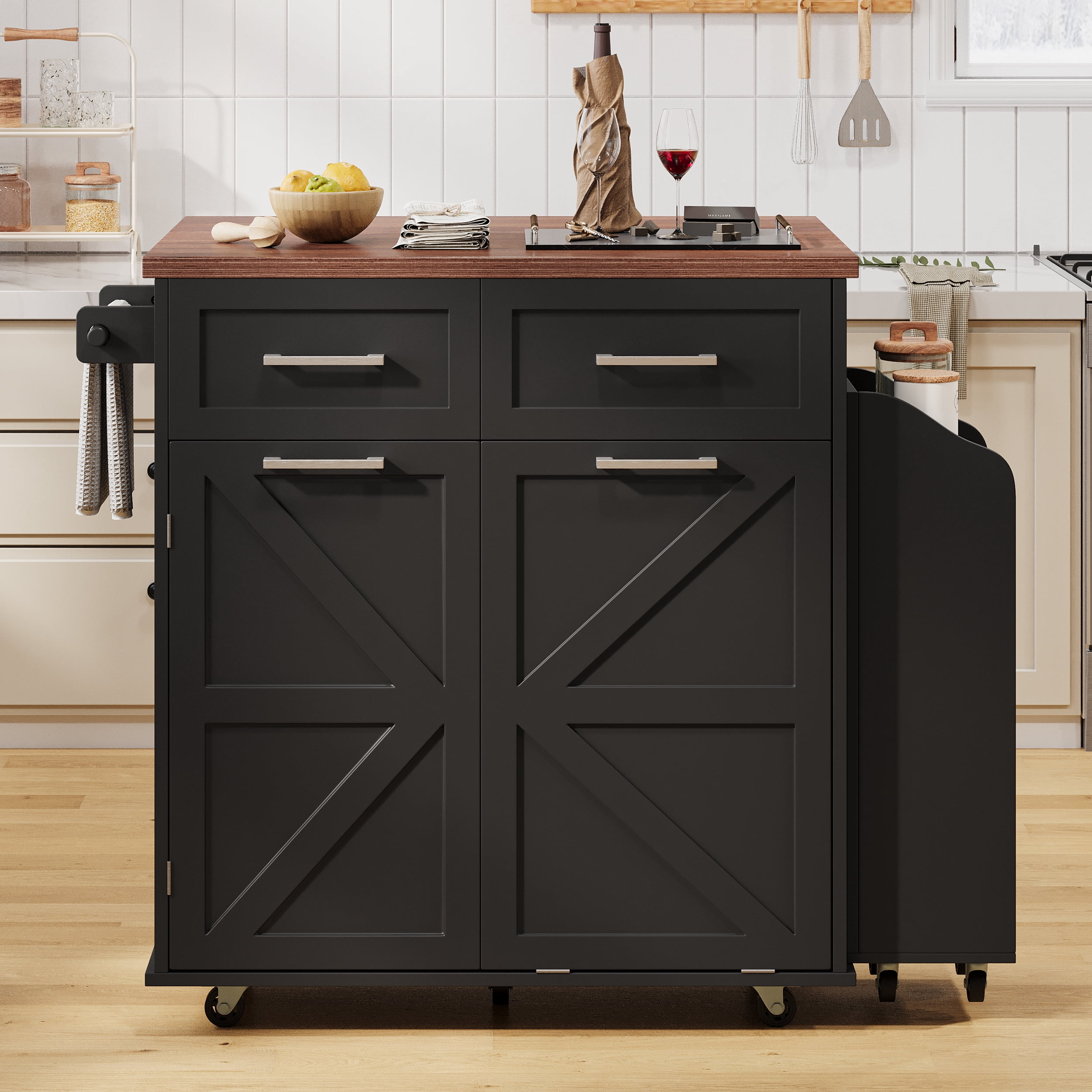 Euroco 47.2" Farmhouse Kitchen Island with Drop Leaf, Kitchen Storage Island with Removable Side Racks, Two Drawers, Rolling Kitchen Cart on Wheels with Towel Rack