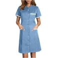 thumbnail image 3 of yoeyez Nurses Scrub Dress Uniforms Women's Solid Color Splicing Knee Length Dresses with Pocket Casual Short Sleeve V-Neck Holiday Workwear Light Blue,L, 3 of 7