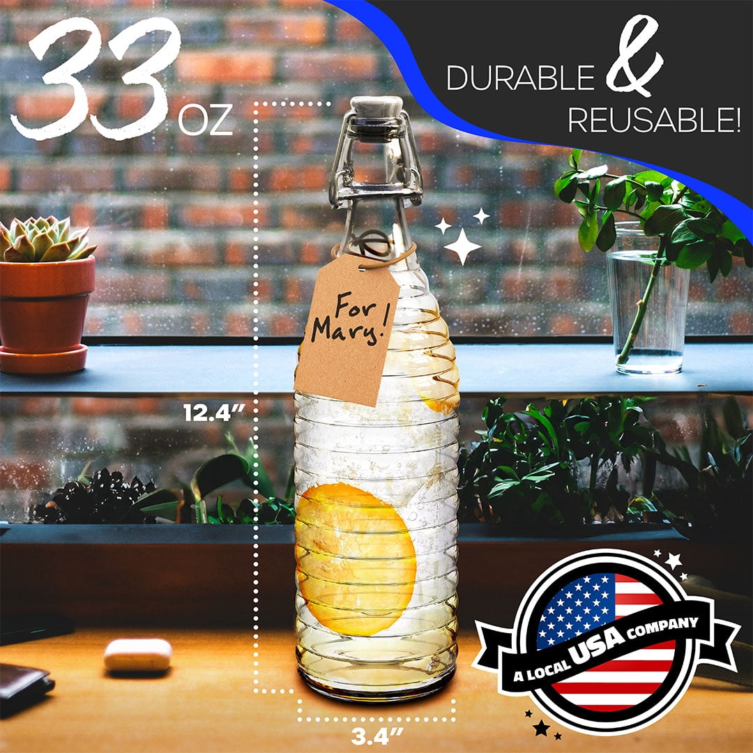 Nevlers 33 oz Ringed Swing Top Glass Bottles (Pack of 6) | Includes Funnel, Brush, Tags, Shrink Wrap and Marker