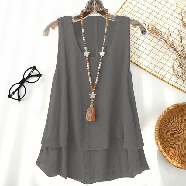 TaTaai Linen Style Double Layer Top, Women's Sleeveless Strappy Design, Solid Color Casual T-Shirt for Warm Weather Gift