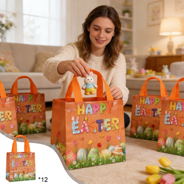 Uuiauoio 12 Pcs Easter Gift Bags with Handles, Easter Egg Hunt Bags, Reusable Rabbit Bunny Bag for Egg Hunt Party Supplies Decorations, 7.87x7.87x3.54in