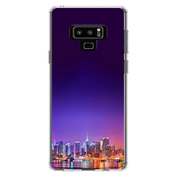 DistinctInk Clear Shockproof Hybrid Case for Samsung Galaxy Note 9 - TPU Bumper, Acrylic Back, Tempered Glass Screen Protector - New York Skyline Night - The Big Apple