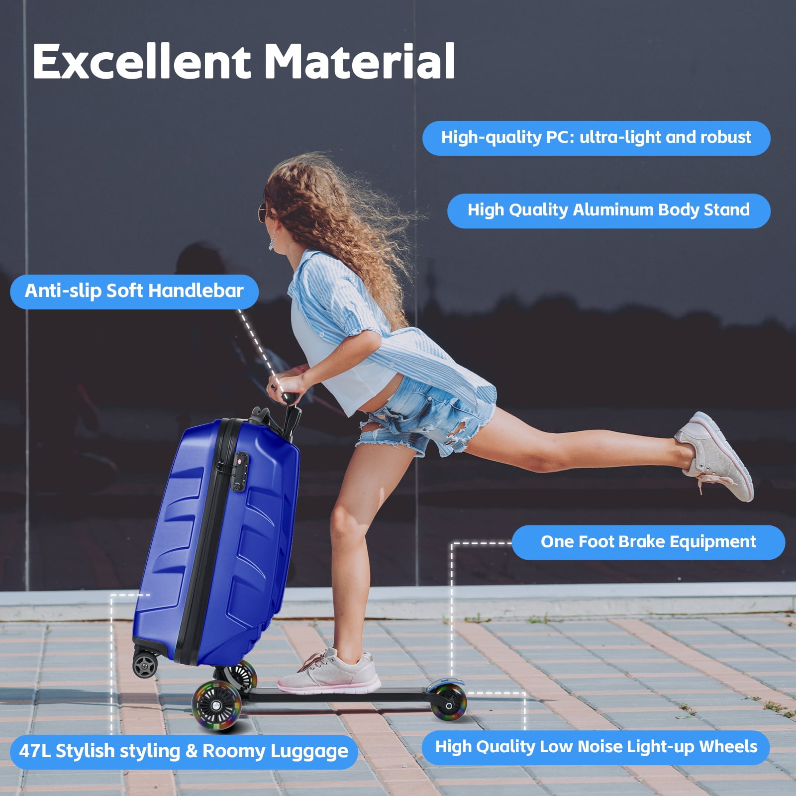 Advwin Scooter Suitcase for Kids & Adults, 3-D Hardshell Ride On Scooter Luggage with LED Light Up Wheels, TSA Lock, Lightweight Foldable Carry On Rideable Suitcase for Children Teenagers, Blue